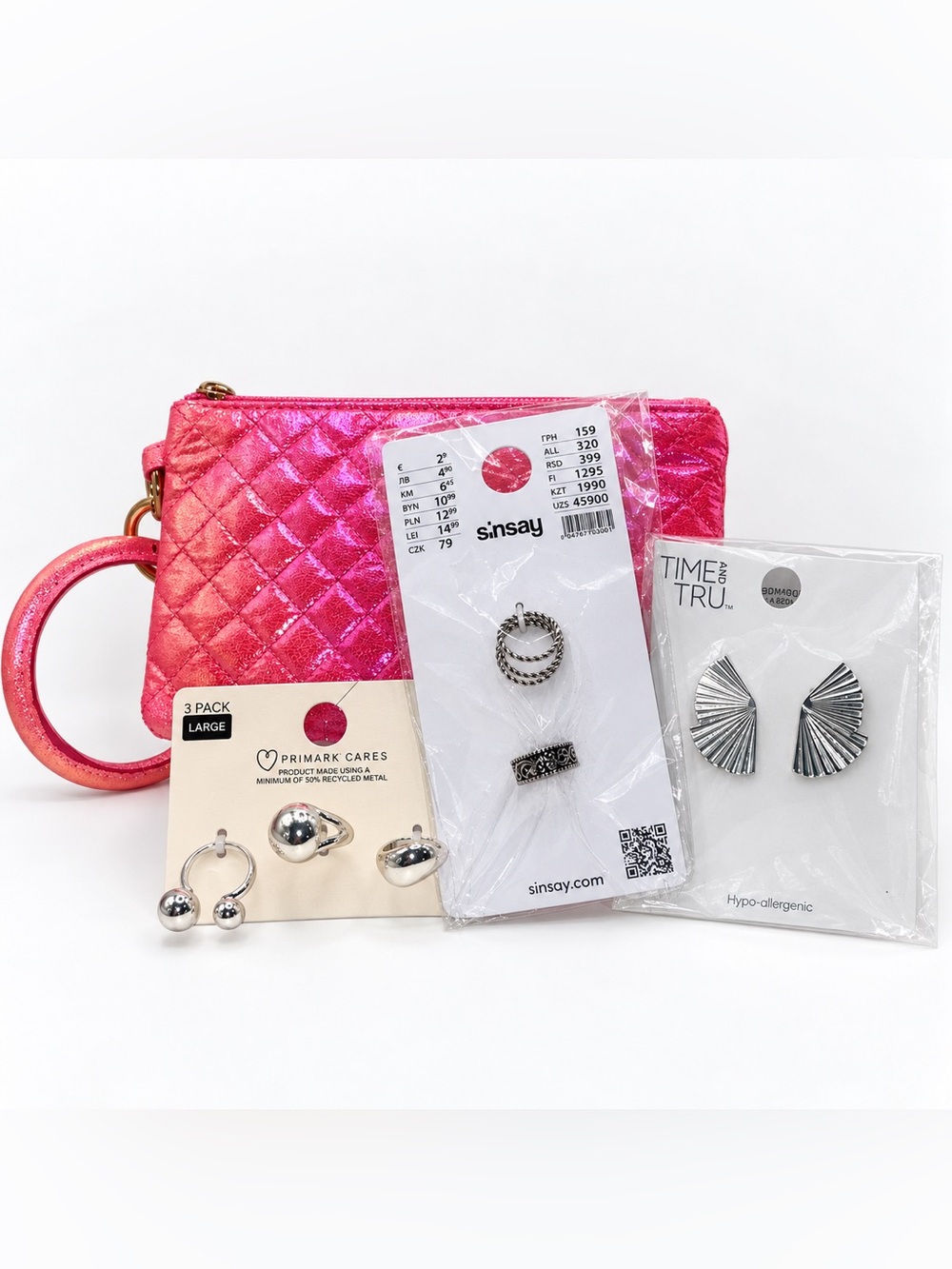 Pink Metallic Wristlet, Ring Sets & Earrings Gift Bundle